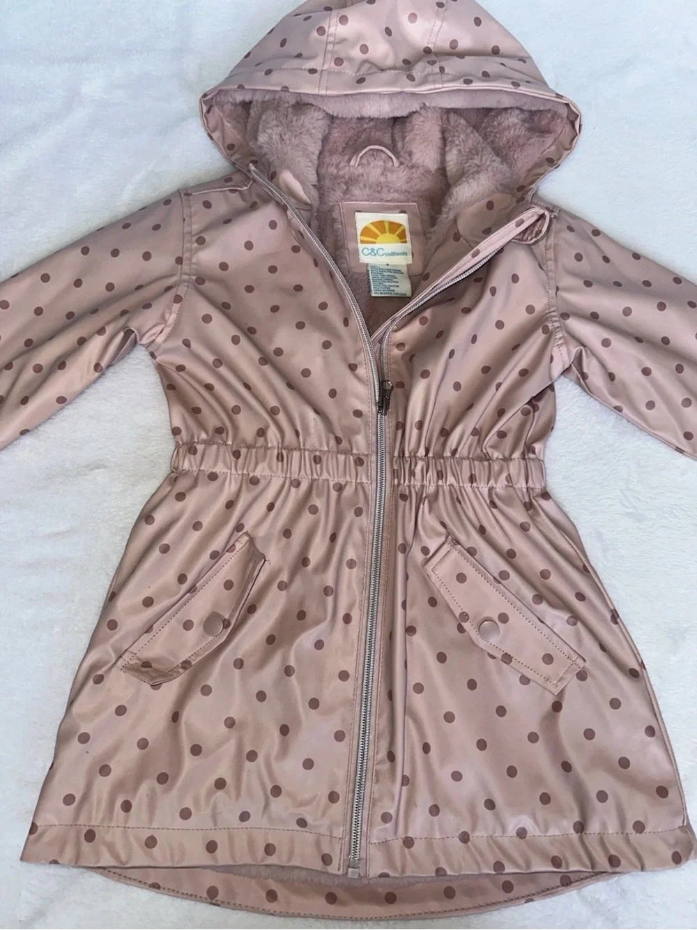 C&C California Girls Pink Polka Dot Jacket Faux Fur Lined Coat 5